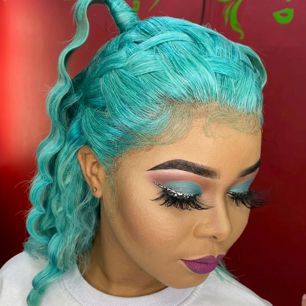 Mint green coloured wig with braided front styling