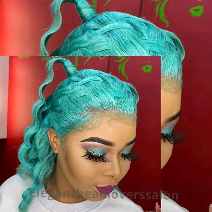Mint green coloured wig with braided front styling